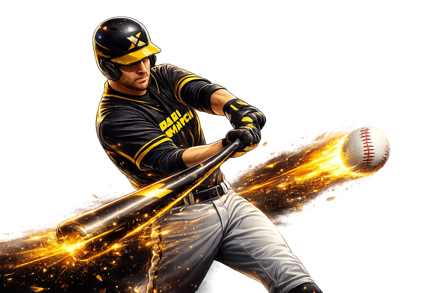 パリマッチ日本公式サイト：NPBプロ野球の試合でホームランを放つ打者のダイナミックな瞬間、黒と黄色のブランドカラーと火花のエフェクト